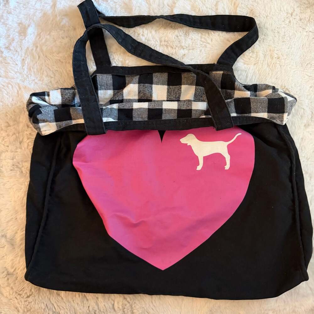 PINK Victoria's Secret Reversible Black and White Giffard Plaid Tote Bag
